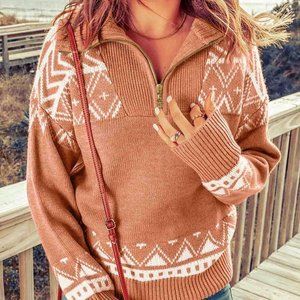 Pink Casual Womens Geo Pattern Half Zip Drop Shoulder Sweater